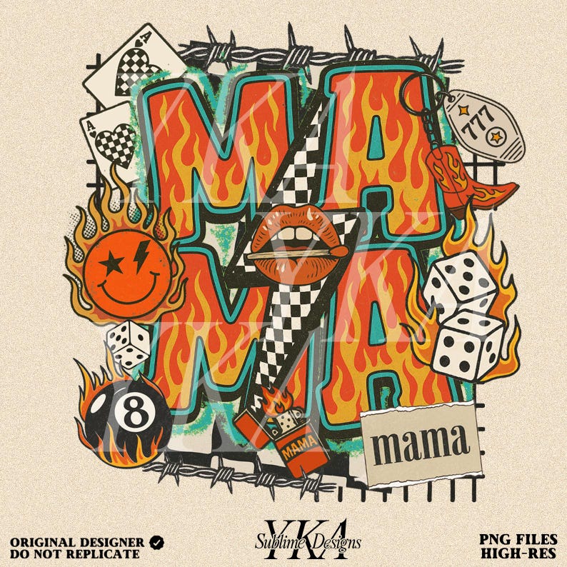 Puede incluir: Dise&ntilde;o gr&aacute;fico retro con la palabra "MAMA" en letras de fuego. El dise&ntilde;o incluye una carita sonriente, dados, naipes, una bota y un encendedor. El texto "mama" aparece en un papel rasgado. El dise&ntilde;o est&aacute; rodeado de alambre de p&uacute;as.