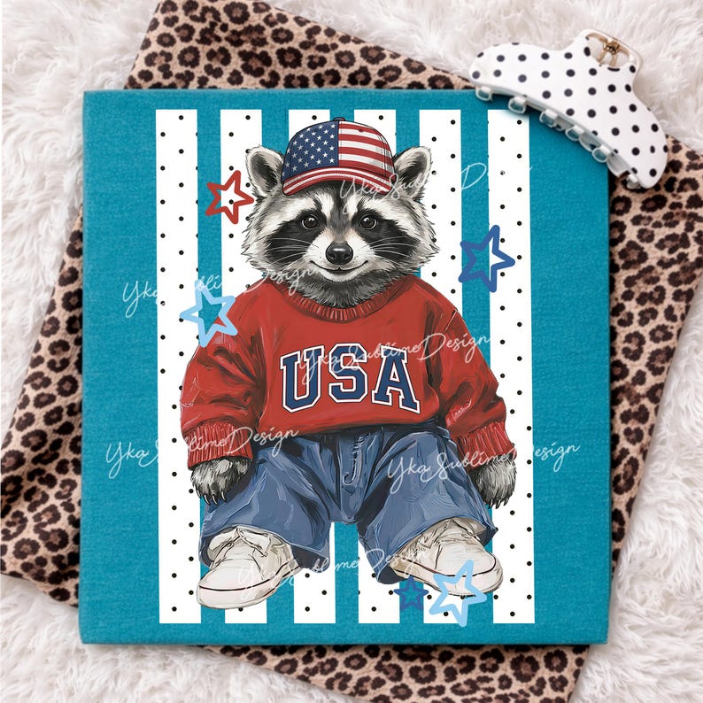 May include: A square, teal-colored canvas features a cartoon raccoon wearing a red sweater with "USA" in blue letters, blue jeans, and a hat with the American flag. The background has white stripes and blue stars.