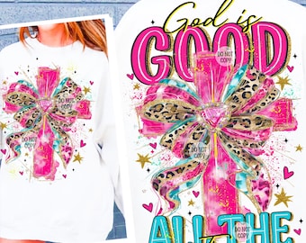 Preppy God Is Good All The Time PNG, Leopard Bow Glitter Christian Png, Hand Drawn Cross Png, Watercolor Cross Coquette Bow PNG, Trendy Png