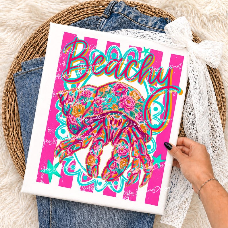 May include: A white canvas print with a vibrant design featuring a floral-patterned crab and the word "Beachy". The crab is in shades of pink, orange, and teal, set against a pink and white striped background. The print is held by a person.