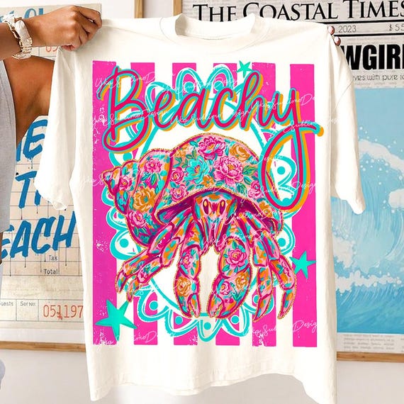 Preppy Beachy Crab PNG, Coastal Floral Hermit Crab PNG, Funny Sarcastic PNG, Snarky Colorful Shirt, Trendy Summer Stripes Png, Girly Png