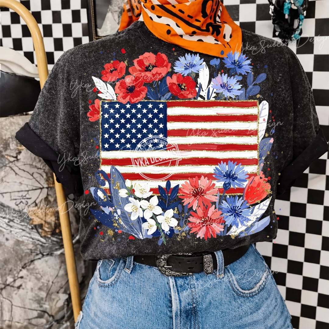 Floral American Flag PNG, Coquette 4th of July Sublimation Design ...