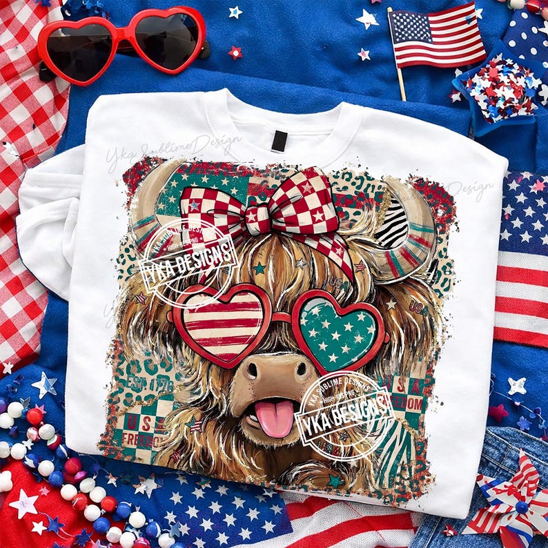 Puede incluir: Camiseta blanca de manga larga con un gr&aacute;fico de vaca de las Tierras Altas que lleva gafas de sol en forma de coraz&oacute;n con detalles en rojo y azul. La vaca tiene un lazo a cuadros rojo y blanco. La camiseta tiene el texto "YKA DESIGNS".