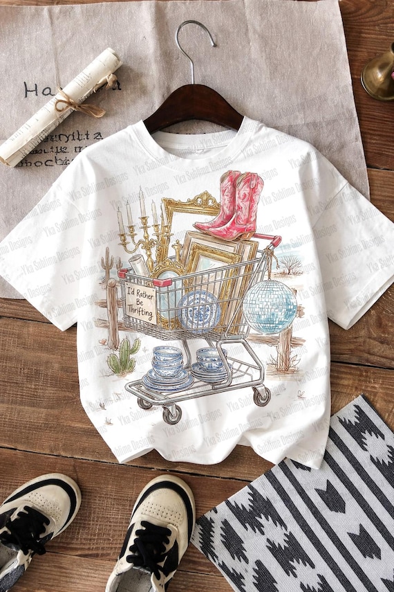 I’d Rather Be Thrifting PNG, Preppy Thrift Cart Quote Design, Western Png, Vintage Shopping Lover Sublimation, Retro Resale Digital Download