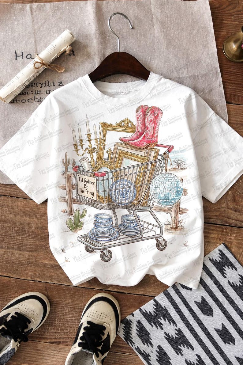 I’d Rather Be Thrifting PNG, Preppy Thrift Cart Quote Design, Western Png, Vintage Shopping Lover Sublimation, Retro Resale Digital Download image 1