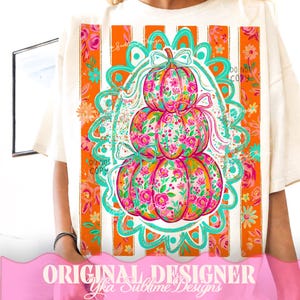 Randig blommig pumpa PNG, preppy pumpaskjorta PNG, kokett höst PNG, trendig höstdesign, pumparosett PNG, höstskjorta PNG, flickig höst PNG bild 5
