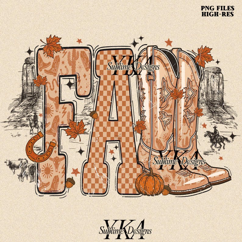 May include: A digital graphic featuring the word "FALL" in a western theme. The letters are decorated with patterns and textures, including a horseshoe, cowboy boots, and a pumpkin. The background is a neutral beige with a desert landscape.