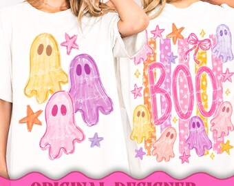 Front Back Halloween Ghost Shirt PNG, Pink Boo Ghost Design, Coquette Halloween PNG, Preppy Stripes Ghost, Spooky Season Digital Download