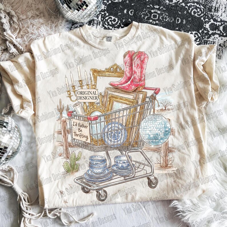 May include: Cream-colored t-shirt featuring a shopping cart filled with vintage items. The cart includes pink cowboy boots, framed art, and blue and white china. Text on the shirt reads "I'd Rather Be Thrifting."