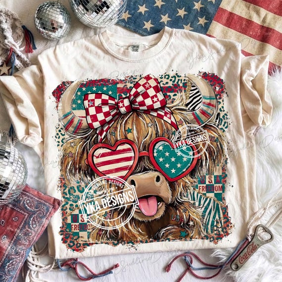 Retro 4th of July Highland Cow PNG, Patriotic Western Sublimation Design, Coquette Checkered Bow USA Freedom Graphic