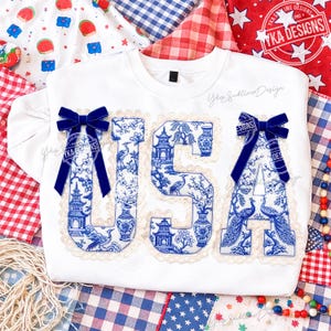 Chinoiserie USA Patchwork Letters Png, Preppy Patriotic Lace 4th of July Png, Grandmillennial Independence Day Sublimation image 6