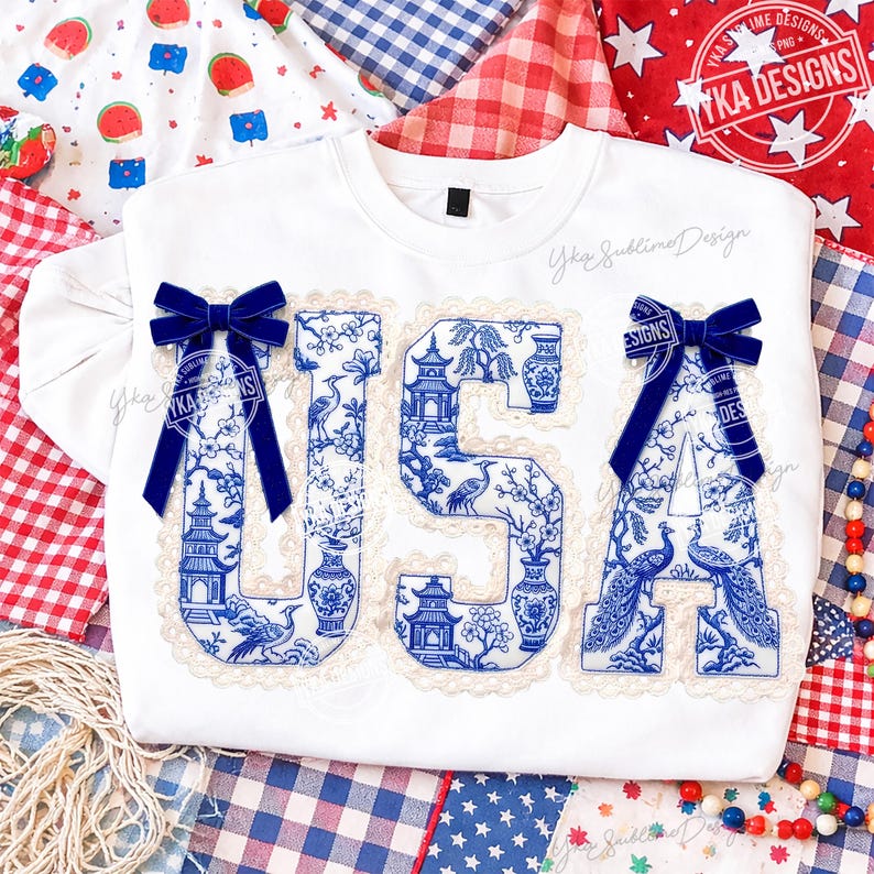 Chinoiserie USA Patchwork Letters Png, Preppy Patriotic Lace 4th of July Png, Grandmillennial Independence Day Sublimation image 6