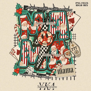 May include: A Christmas-themed graphic design spelling "MAMA" in a distinctive font. The letters are filled with Santa Claus faces and red and white stripes. The design incorporates playing cards, a dice, and a keychain with the number 777.