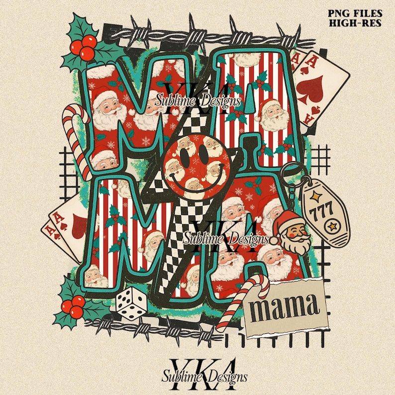May include: A Christmas-themed graphic design spelling "MAMA" in a distinctive font. The letters are filled with Santa Claus faces and red and white stripes. The design incorporates playing cards, a dice, and a keychain with the number 777.