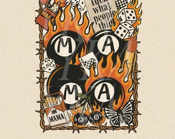 Retro Western Mama Collage PNG, Western Sticker Png, Flaming 8 Ball Cherry Dice, Western Grunge Png, Country Aesthetic Png, Trendy Western