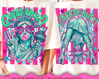 Adivina qué Liberty Butt PNG, Estatua de la Libertad divertida y preppy PNG, Gráfico femenino de EE. UU., Rayas de moda PNG, Boutique PNG, Camiseta a juego