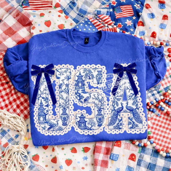 Chinoiserie USA Patchwork Letters Png, Preppy Patriotic Lace 4th of July Png, Grandmillennial Independence Day Sublimation