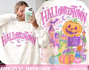 Pink Halloweentown Png, Trendy Halloween Sublimation Design, Girly Halloween Png Front Back, Retro Halloween Shirt Png, Trendy Fall Png