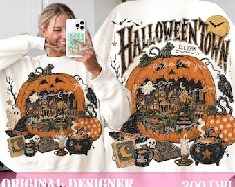 Vintage Halloweentown PNG, Front Back Shirt Design, Haunted Pumpkin Scene, Retro Spooky Season Sublimation, Fall Halloween Graphic Png