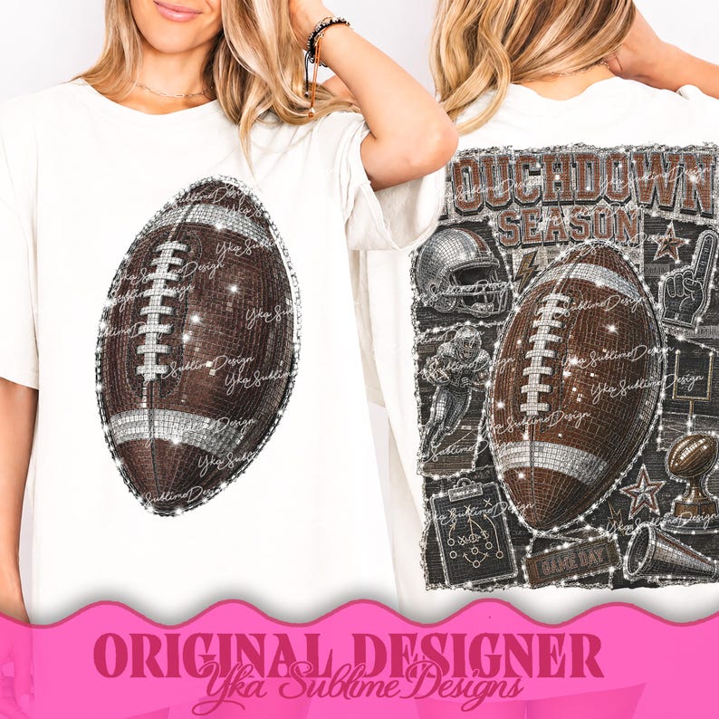 May include: A white t-shirt featuring a brown football graphic with silver accents on the front and a larger football-themed collage on the back. The back design includes the text TOUCHDOWN SEASON, a helmet, a player, a play diagram, and a megaphone.