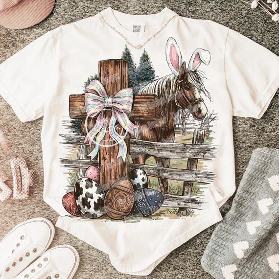 Western Horse Easter PNG, Christian Cross Bow, Bunny Ears Horse, Cowhide Easter Eggs, Trendy Country Religious Sublimation