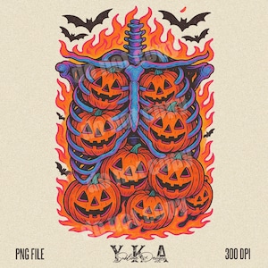 Vintage Ribcage Pumpkins Png, Skeleton Fall Png, Retro Halloween Png, Halloween Skeleton Png, Spooky Season Png, Pumpkin Halloween Png