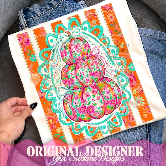 Striped Floral Pumpkin PNG, Preppy Pumpkin Shirt PNG, Coquette Fall PNG, Trendy Fall Design, Pumpkin Bow Png, Fall Shirt Png, Girly Fall Png