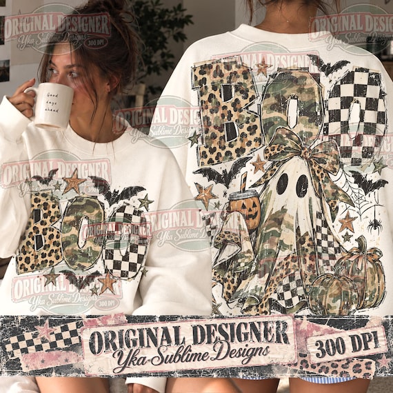 Camo Distressed Ghost PNG Front and Back Set, Boo Halloween Shirt Design, Coquette Spooky Season, Retro Halloween Sublimation Png Download