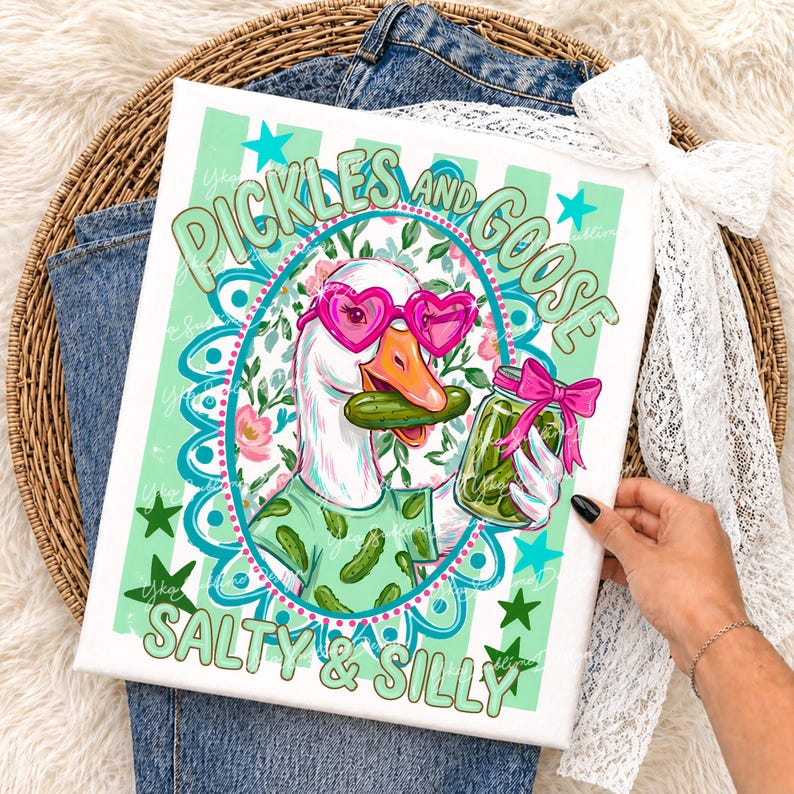 May include: A whimsical canvas print featuring a goose wearing heart-shaped sunglasses and a shirt with pickle graphics. The goose holds a pickle in its beak and a jar of pickles. Text reads "Pickles and Goose, Salty & Silly."
