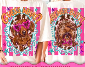 Guess What Wiener Butt png, preppy grappige teckel png, sarcastische hond moeder afbeelding, trending strepen png, trendy boetiek png, bijpassend shirt