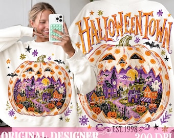 Vintage Halloweentown Front Back PNG, Pumpkin Village Shirt Design, Haunted Pumpkin Scene, Retro Spooky Season, Fall Halloween Graphic Png