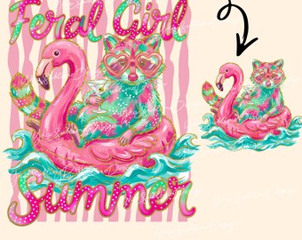Preppy vildflicka sommar PNG, trendig sommardesign, fram- och baksida skjorta design, rolig tjejig strand, rolig tvättbjörnsgrafik, kustsommar