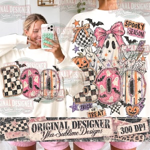 May include: A white long-sleeve sweatshirt featuring a graphic print with the text BOO, a ghost wearing a pink bow, a disco ball, pumpkins, bats, and stars. The design includes a checkered pattern and the text SPOOKY SEASON and TRICK OR TREAT.