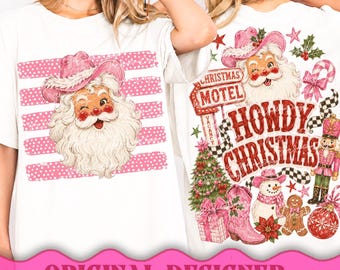 Retro Howdy Christmas Png, Western Stripes Christmas Png, Pink Cowgirl Santa, Front and Back Design, Coquette Christmas, Digital Download