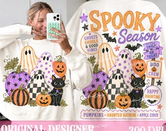 Spooky Season PNG, Halloween Ghost Cat Design, Trendy Fall Ghost, Coquette Halloween, Boho Pumpkin Front and Back Shirt, Digital Download