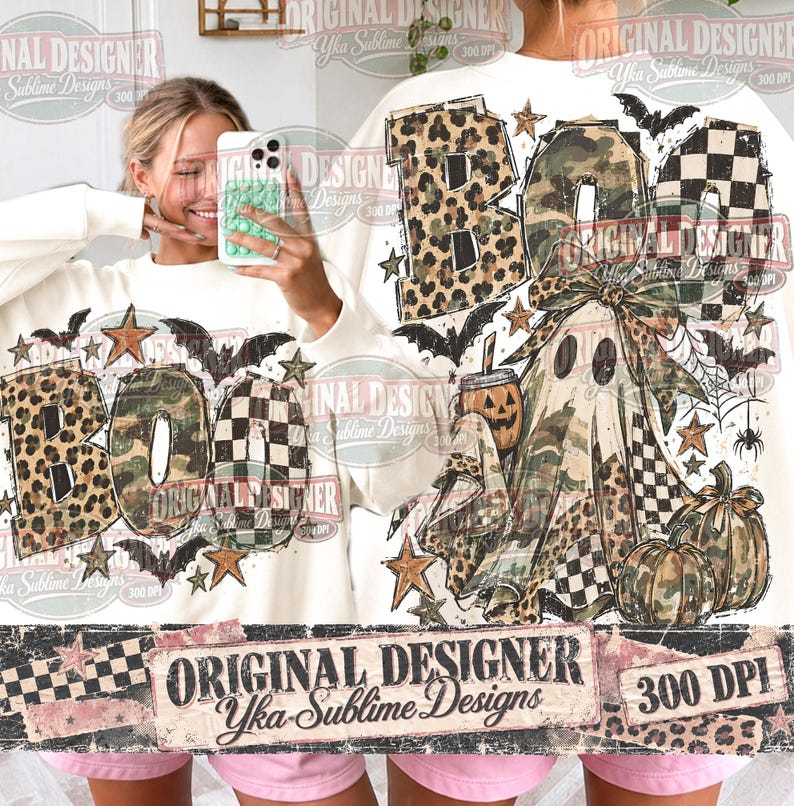 May include: A white long-sleeve sweatshirt featuring a graphic print of the word BOO in leopard and camouflage patterns, a ghost with a bow, pumpkins, bats, stars, and spiderwebs. The design includes a checkered pattern and distressed textures.