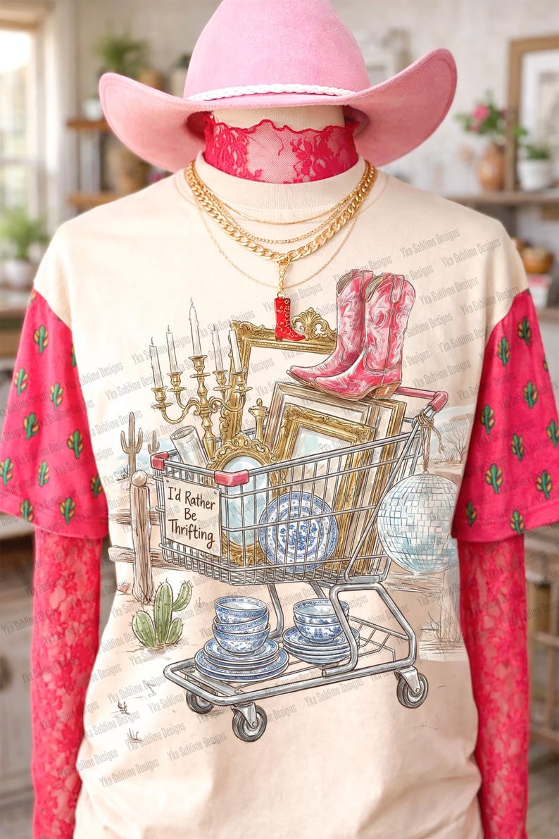 May include: Cream-colored t-shirt with a graphic of a shopping cart filled with vintage items, including a candelabra, picture frames, and blue and white china. The shirt has pink sleeves with cactus patterns and the text "I'd Rather Be Thrifting".