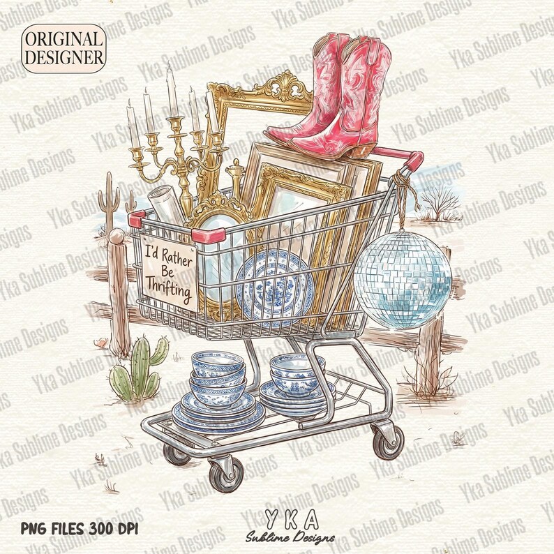I’d Rather Be Thrifting PNG, Preppy Thrift Cart Quote Design, Western Png, Vintage Shopping Lover Sublimation, Retro Resale Digital Download image 2