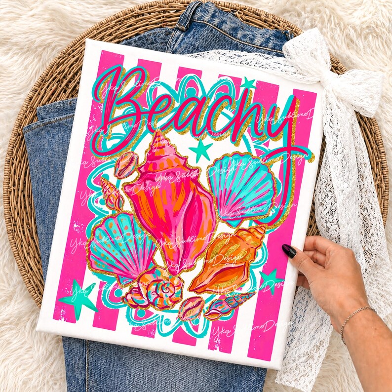 Op de afbeelding: Canvas print met het woord "Beachy" in turquoise en gouden script, met kleurrijke schelpen in roze, oranje en turquoise tinten. De achtergrond heeft roze en witte strepen. De print wordt door een persoon vastgehouden.
