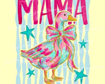 Preppy Mama Goose PNG, Diseño digital, Lazo rosa femenino y moderno, Madre, Playa costera de verano, Rayas de moda, Sublimación, Mamá moderna