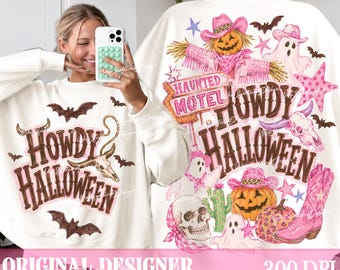 Vintage Howdy Halloween PNG, Pink Western Halloween Sublimation, Cowgirl Ghost Png, Front and Back Shirt Design, Haunted Digital Download