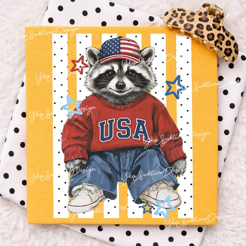 May include: A square canvas print featuring a raccoon wearing a red sweater with "USA" in white letters, blue jeans, and a baseball cap with the American flag. The background is yellow with white stripes and black polka dots. Blue and gold stars are scattered around the raccoon.