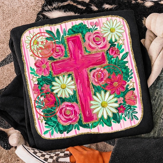 Floral Christian Cross PNG, Pink Brushstroke Religious Sublimation Design, Coquette Easter Aesthetic Graphic, Floral Cross Digital Download