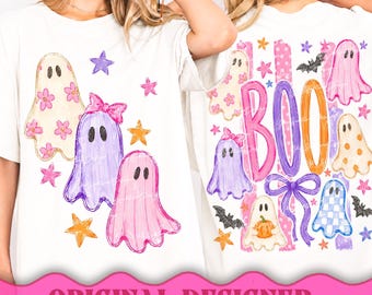 Boo Ghost Striped PNG, Coquette Halloween PNG, Trendy Ghost Shirt Design, Preppy Halloween Sublimation PNG, Cute Spooky Season Graphic