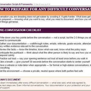 K&ouml;nnte beinhalten: Ein Dokument mit dem Titel Difficult Conversation Scripts & Frameworks von Oak & Ivory by K.S., der &Uuml;berschrift HOW TO PREPARE FOR ANY DIFFICULT CONVERSATION, einem Abschnitt THE PRE-CONVERSATION CHECKLIST mit Aufz&auml;hlungspunkten und einem ALWAYS DOCUMENT-Kasten.