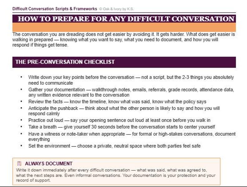 K&ouml;nnte beinhalten: Ein Dokument mit dem Titel Difficult Conversation Scripts & Frameworks von Oak & Ivory by K.S., der &Uuml;berschrift HOW TO PREPARE FOR ANY DIFFICULT CONVERSATION, einem Abschnitt THE PRE-CONVERSATION CHECKLIST mit Aufz&auml;hlungspunkten und einem ALWAYS DOCUMENT-Kasten.