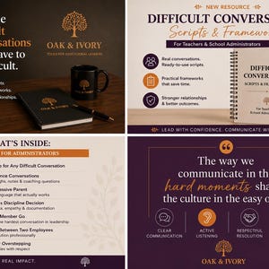 Op de afbeelding: Een vierdelige educatieve bron met de titel Difficult Conversation Scripts & Frameworks for Teachers & School Administrators, inclusief een spiraalboek, een zwart notitieboek, een mok en tekst over communicatiestrategieën.