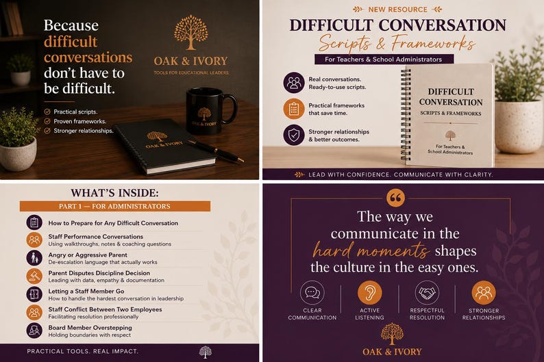 K&ouml;nnte beinhalten: Eine vierteilige Bildungsressource mit dem Titel Difficult Conversation Scripts & Frameworks for Teachers & School Administrators, bestehend aus einem Spiralbuch, einem schwarzen Notizbuch, einer Tasse und Texten zu Kommunikationsstrategien.