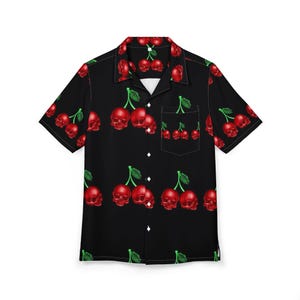 Skull Cherry Hawaiian Shirt, AOP Gothic Rock Style Button-Up for Men & Women, Bold Alternative Summer Shirt, Unisex Dark Retro Vibe