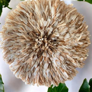 Op de afbeelding: Ronde wanddecoratie gemaakt van natuurlijke veren in beige en witte tinten. De veren zijn radiaal gerangschikt, waardoor een textuurrijk, gelaagd effect ontstaat. De decoratie wordt omringd door grote groene bladeren, wat wijst op een natuurlijk of boheems thema.